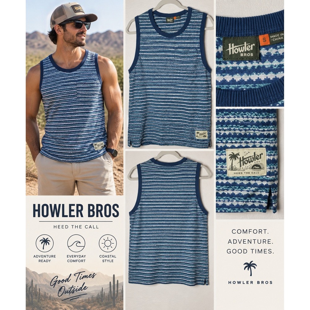 Howler Bros Mens Small Blue Striped Geometric Pattern Cotton Pocket Tank Top
